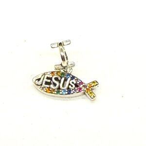 Silver Jesus Fish Bracelet Charm with Multicolor Crystals